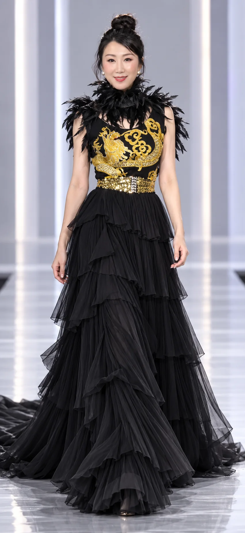 Black layered couture gown with gold embroidery